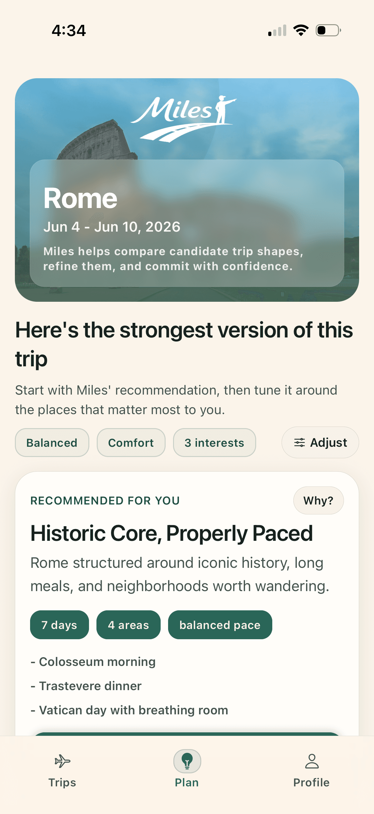 Miles plan options screen