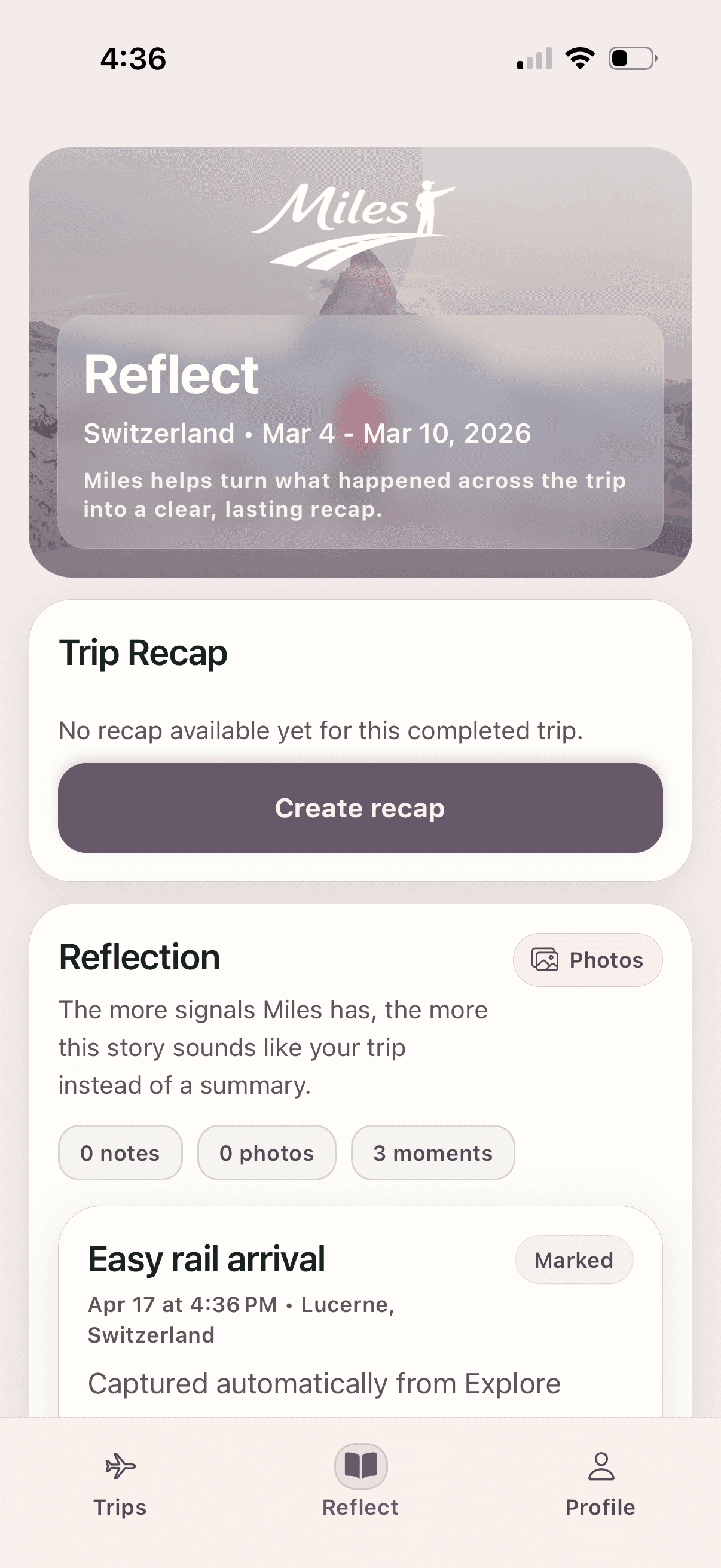 Miles reflect recap screen